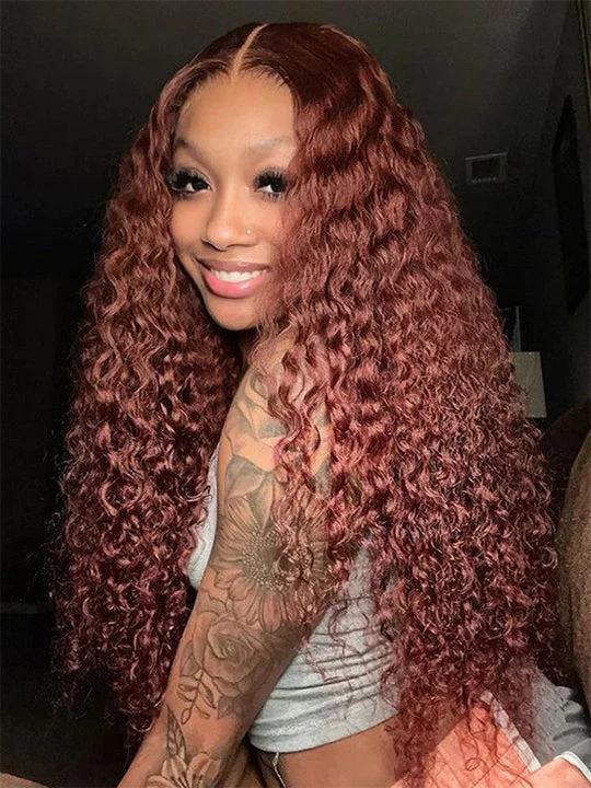 Colored wig with a side - part for a more flattering appearanceReddish Brown Bleached Knots 360 Lace Frontal Wig Deep Wave Human Hair Wigs #33