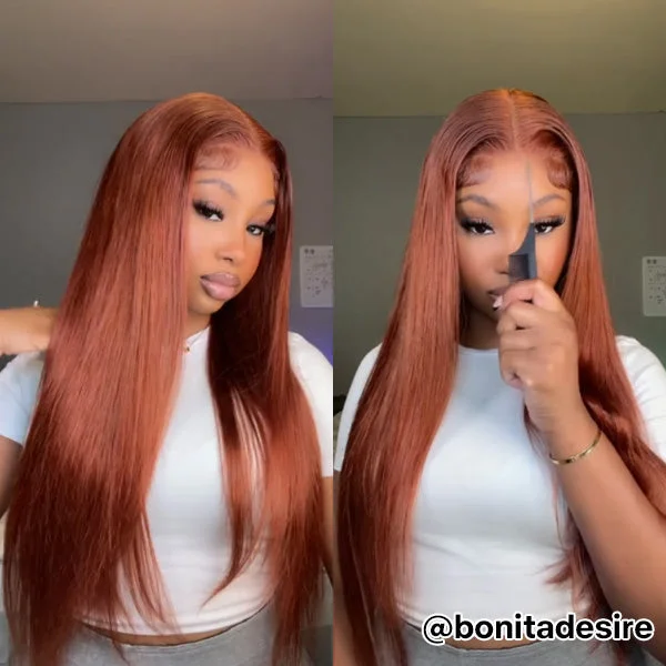 Synthetic colored wig with a heat - resistant formula for easy stylingReddish Brown Straight Hair 6x5 13x4 Glueless HD Lace Full Frontal Wigs