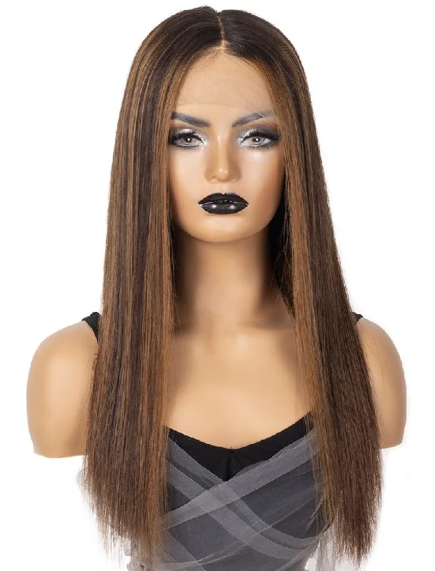 Colored wig in a vibrant pink color for a bold and eye - catching lookSelena #Highlight Silky Straight Human Hair Lace Wigs With Natural Hairline