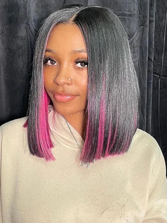 Colored wig with a straight texture for a sleek and minimalist lookPeekboo Pink Highlight Wig Hidden Color Short Bob Silk 13x4 Transprant Lace Front Wig