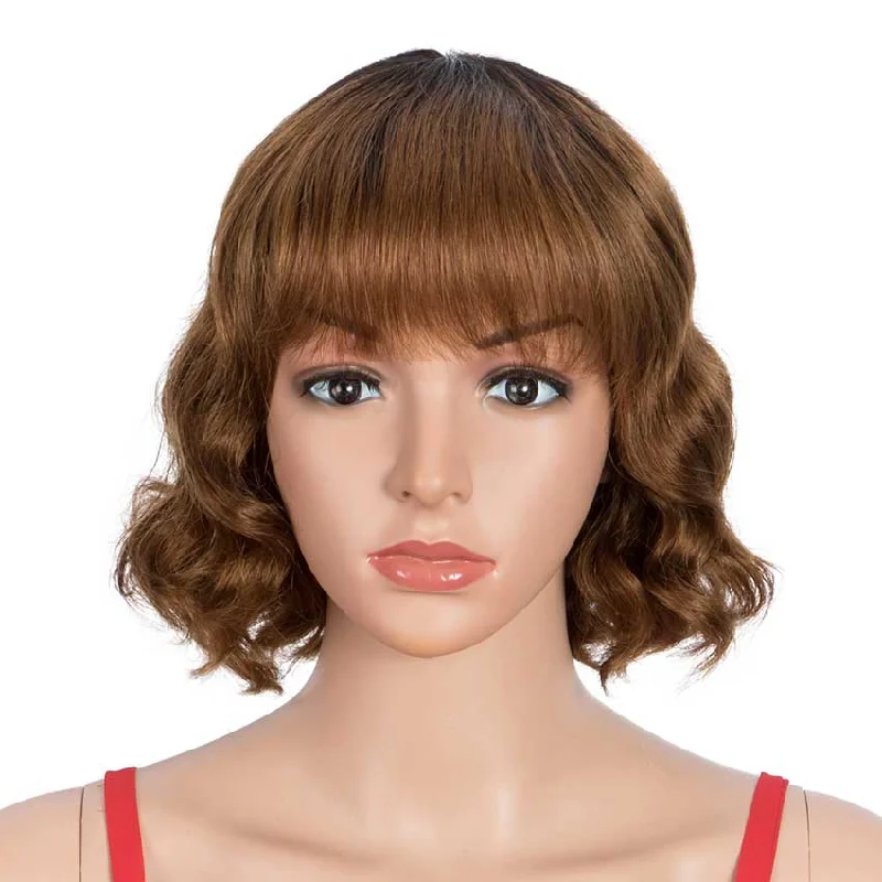 Colored wig with a pre - plucked hairline for a more natural lookRebecca Fashion Short Deep Wave Wig Ombre Brown Wigs With Bangs 130% Density