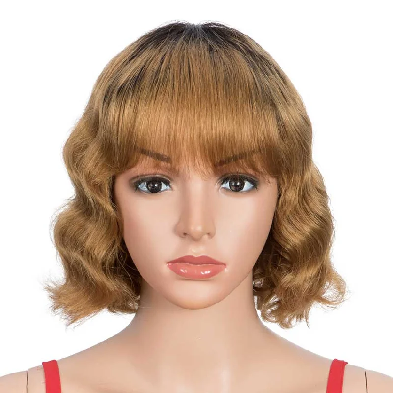 Colored wig with a wispy fringe for a soft and feminine lookRebecca Fashion Short Deep Wavy Human Hair Wig With Bangs Black Roots Ombre Wig