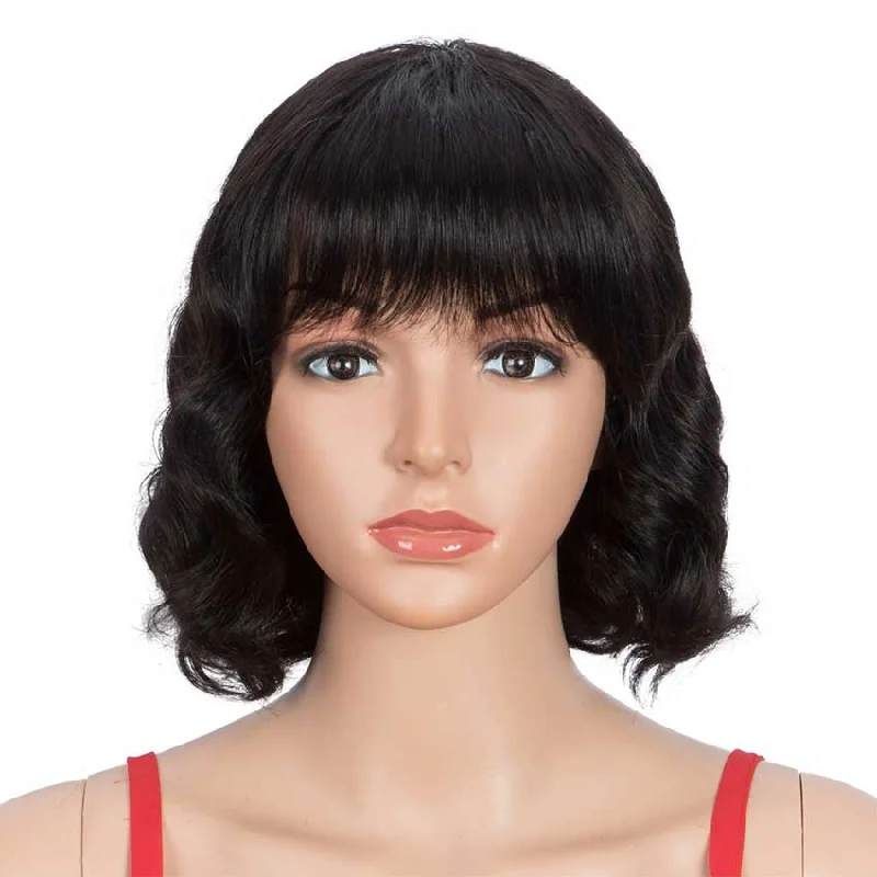 Colored wig with a silk - base cap for a comfortable and smooth feelRebecca Fashion Short Deep Wavy Human Hair Wigs With Bangs for Black Women