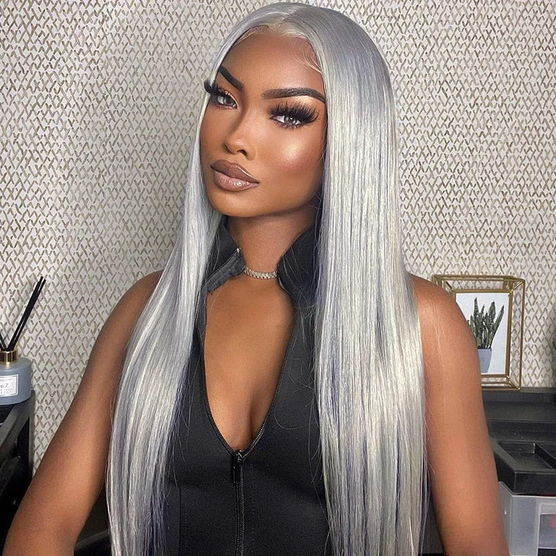 Colored wig with a side - part for a more flattering appearanceGrey Human Hair Wig Straight Hair 13x4 HD Lace Frontal Wig Colored Human Hair Wigs