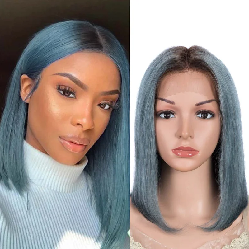 Colored wig with a wavy texture for a beachy and fun lookRebecca Fashion Straight Bob Wigs 12 Inch Part Lace Human Hair Blue Wigs