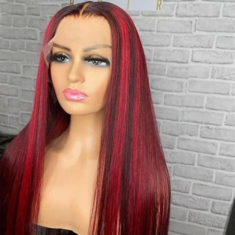 Colored wig with a 150 - density for a full and thick appearanceStraight Dark Burgundy With Red Highlights Glueless 13x4 HD Lace Front Wigs