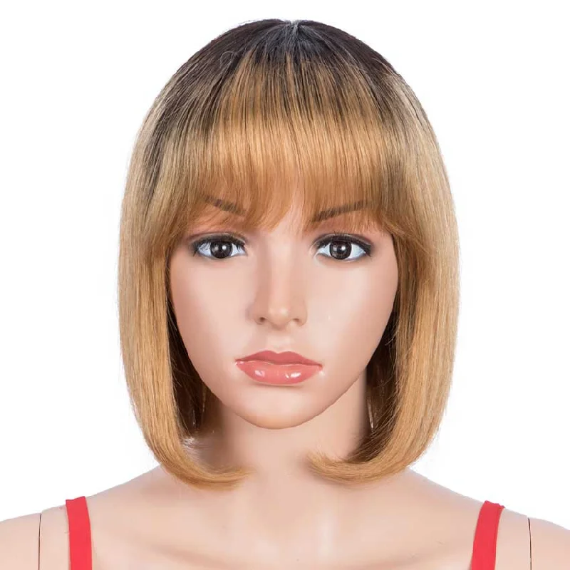 Colored wig with a side - swept bang for a sophisticated lookRebecca Fashion Straight Hair Wigs 130% Density Wigs With Bangs Ombre Wig TT1B/27