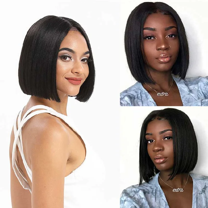 Colored wig with a pre - plucked hairline for a more natural lookRebecca Fashion Straight Middle Part Lace Wig Short Human Hair Black Wigs