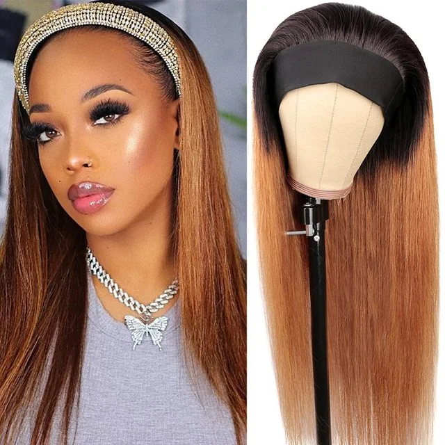 Colored wig with a pre - bleached knot for a natural - looking scalpStraight No Lace 1B/30 Ombre Human Hair Headbands Wigs Full Machine Head 150% Density Wig