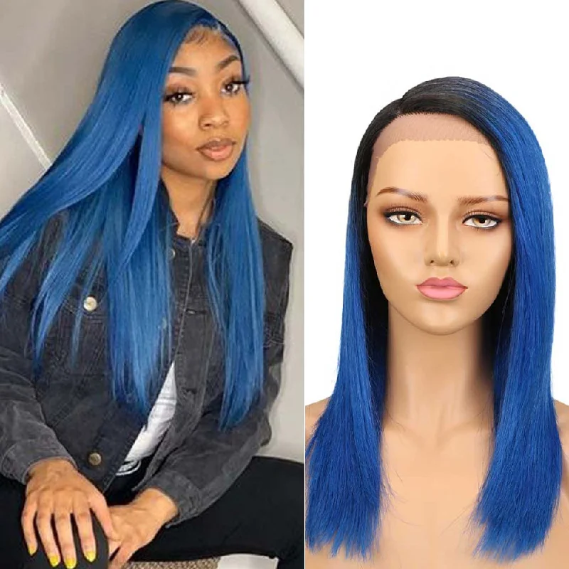 Colored wig with a side - swept bang for a sophisticated lookRebecca Fashion Ombre Blue Straight Human Hair Lace Front Wigs For Black Women