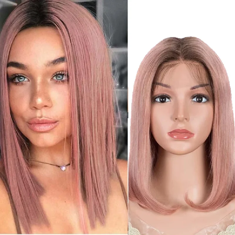 Colored wig with a silk - base cap for a comfortable and smooth feelRebecca Fashion Straight Part Lace Human Hair Pink Bob Wigs With Bady Hair 12inch