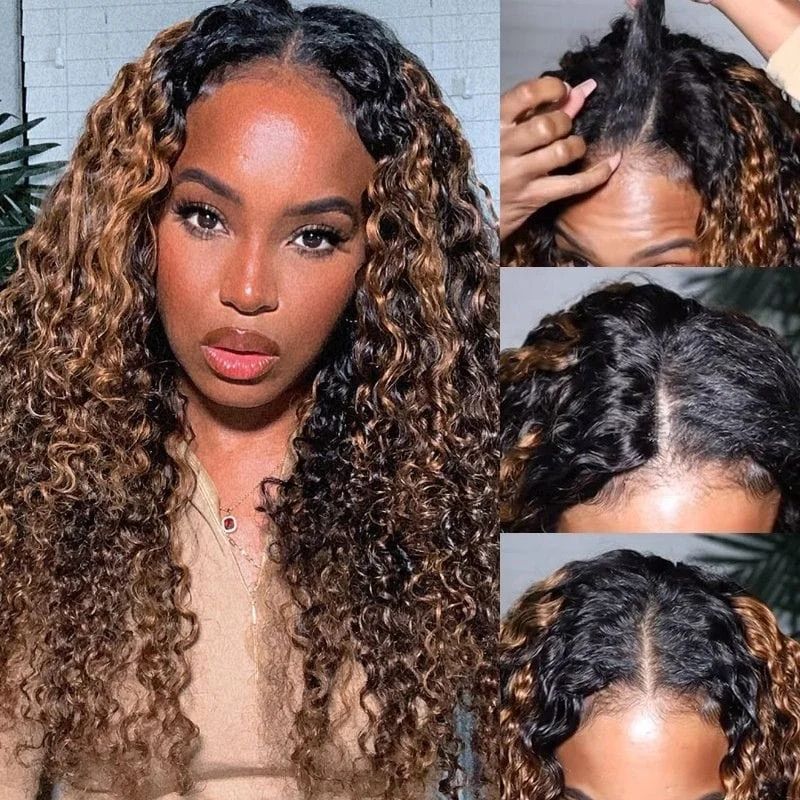 Colored wig with a curly texture for a bold and stylish choiceFlash Sale Sunber 7x5 Bye Bye Knots Balayage Highlight Full Curly Pre Cut Lace Closure Wig With Bleached Knots