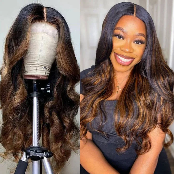 Colored wig with a side - swept bang for a sophisticated lookSunber Balayage Highlight 13x5 T Part Lace Front Wig Body Wave Wigs For Black Women