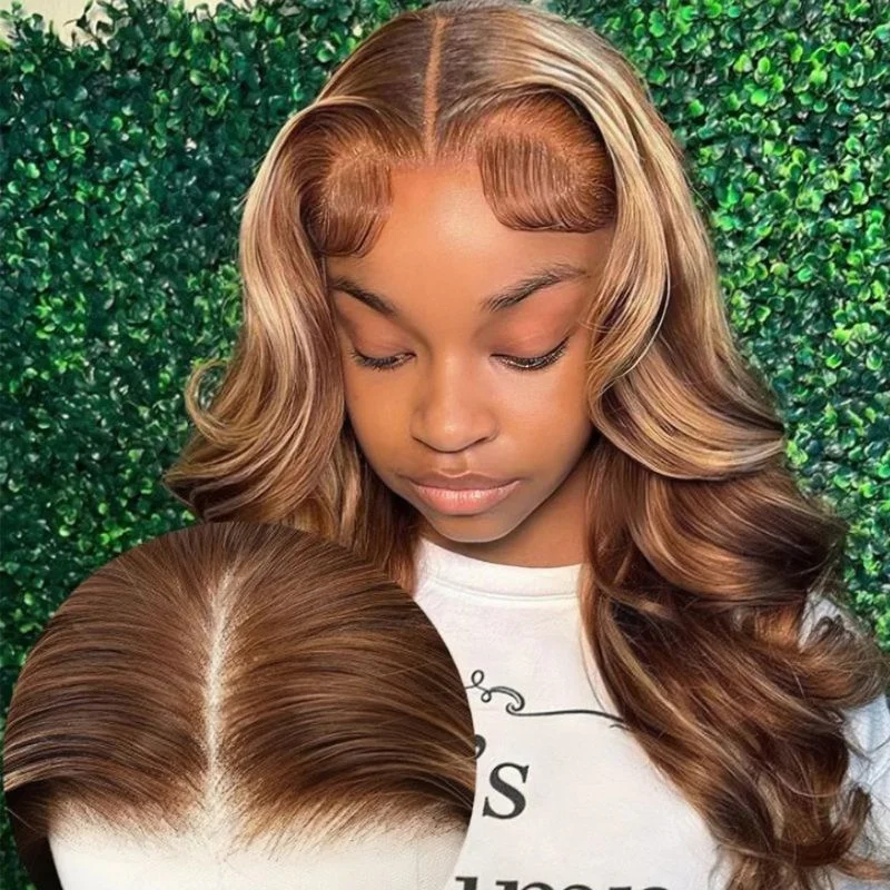 Colored wig with a red - orange hue for a warm and energetic lookSunber Body Wave Honey Blonde Highlights 7x5 Pre-Cut Lace Closure Human Hair Wig