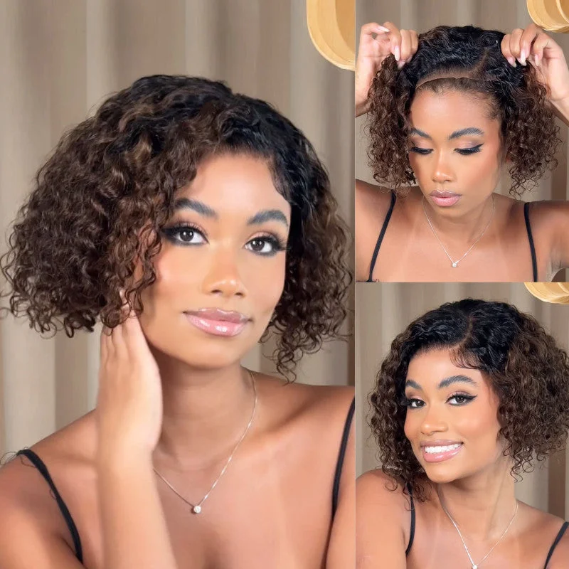 Colored wig with a pre - bleached knot for a natural - looking scalpSunber Chestnut Brown Ombre 7x5 Pre Cut Lace Short Curly Bob Wig Flash Sale