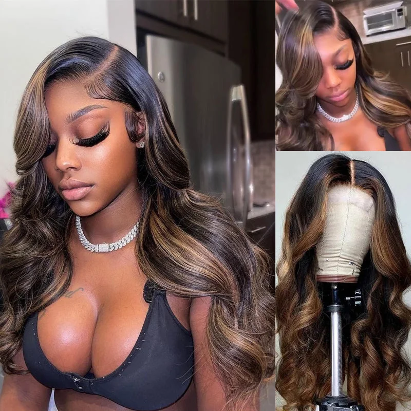 Colored wig with a wavy texture for a beachy and fun lookSunber Glueless Balayage Highlight Body Wave Wigs With Dark Roots T Part Lace Front Wig 180% Density Flash Sale