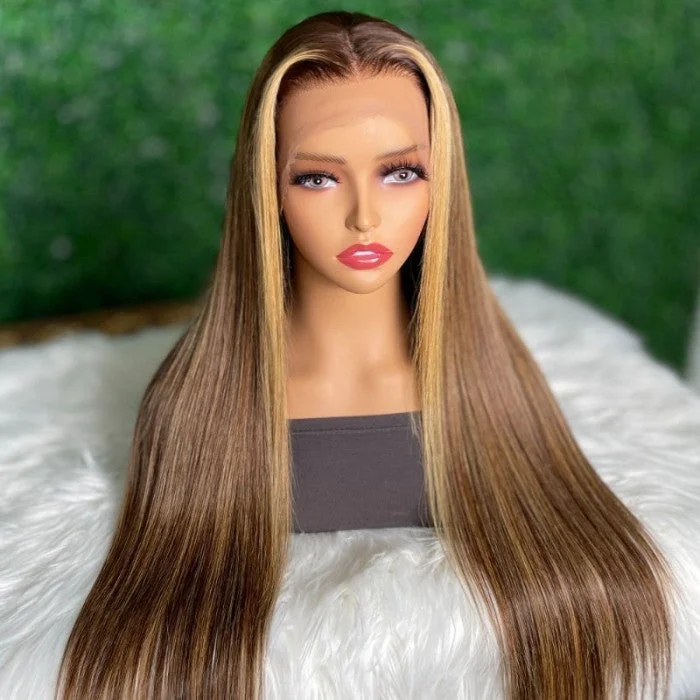 Colored wig with a red - orange hue for a warm and energetic lookSunber Face Framing Highlights Lace Front Wig Silk Straight Honey Blonde Brown Color