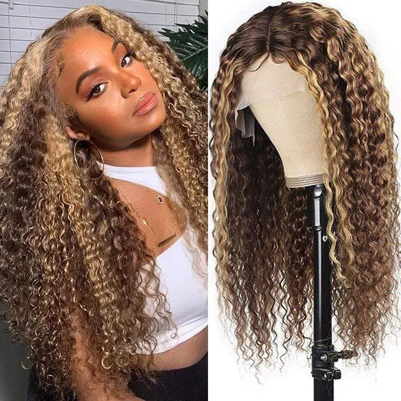 Colored wig with a side - part for a more flattering appearanceSunber Honey Blonde Highlight Piano Color Lace Front Wigs Long Curly Human Hair Wigs