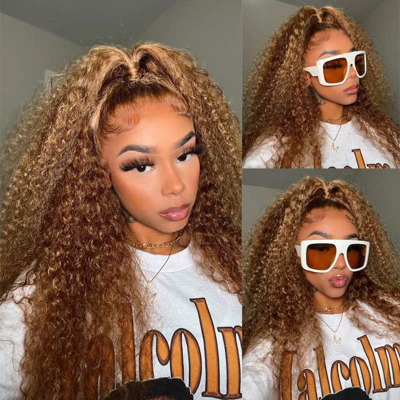 Colored wig with a wispy fringe for a soft and feminine lookSunber Jerry Curly Ombre Honey Blonde Highlight Lace Wig Pre-plucked Lace Frontal Wigs