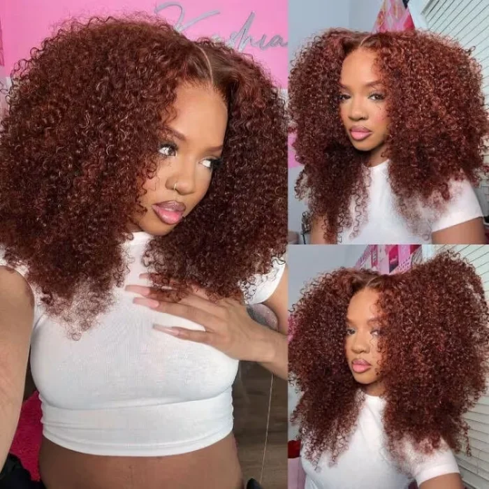 Colored wig with a silk - base cap for a comfortable and smooth feelSunber Kinky Curly Reddish Brown 6x4.75 Pre-Cut Lace Closure Wig Human Hair Glueless Wig