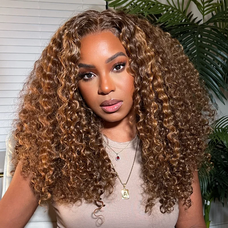 Colored wig with a 150 - density for a full and thick appearanceSunber Piano Brown Highlight Color Best Fluffy Curly 13X4 Lace Front Wigs For Black Women