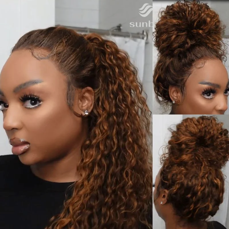 Colored wig with a side - part for a more flattering appearanceSunber Piano Brown Highlight Big Curly 13*4 Lace Frontal Wigs Balayage Water Wave Human Hair