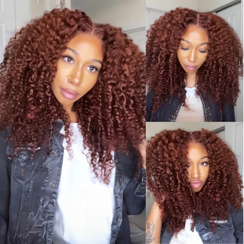 Colored wig with a side - part for a more flattering appearanceSunber Reddish Brown Jerry Curly 7×5  Bye Bye Knots Wig Glueless 13×4 Pre-Everything Frontal Human Hair