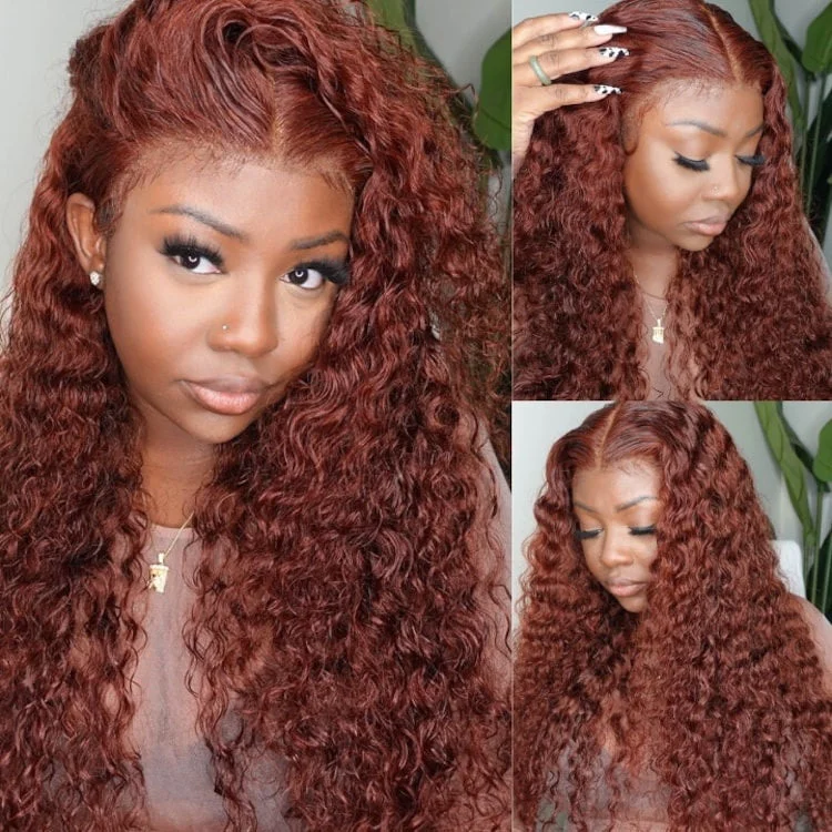 Colored wig with a red - orange hue for a warm and energetic lookSunber Reddish Brown Wet And Wavy 13*4 Bye Bye Knots Lace Wigs Water Wave Pre-Plucked Human Hair Wigs