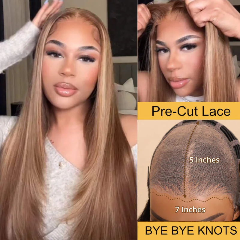 Adjustable - cap colored wig for a comfortable fitSunber Undetectable Skin Melt 7x5 Bye Bye Knots Lace Closure Wig  Long Straight Hair Perfect Honey Highlight Wig