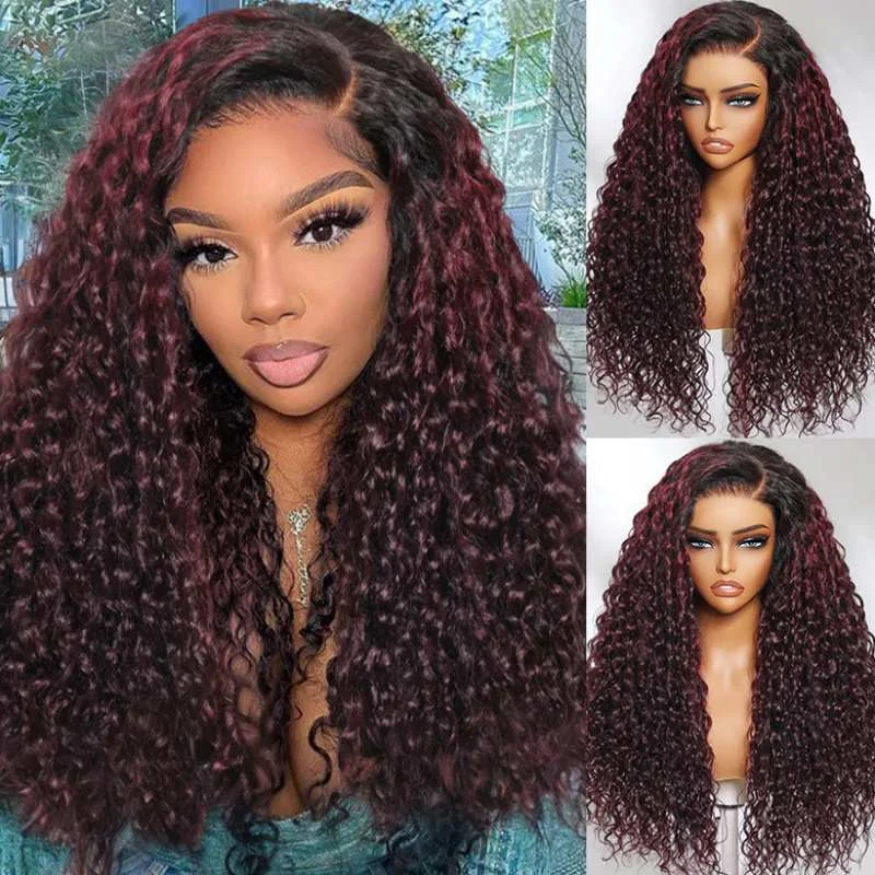 Colored wig with a wispy fringe for a soft and feminine lookSunber Water Wave 13 By 4 Pre Everything Lace Frontal Burgundy Wig With Dark Roots Dark Plum Hair