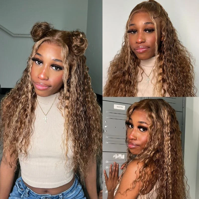 Colored wig with a silver - grey color for a trendy and cool - toned lookSunber Water Wave Honey Blonde Highlighted 13x4 Pre Everything Lace Front Wig With Trend Color Wig