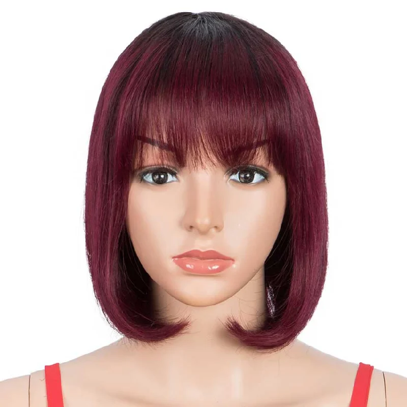 Colored wig with a pre - bleached knot for a natural - looking scalpRebecca Fashion T1B/99J Short Bob Wig Straight Hair Wigs With Bangs