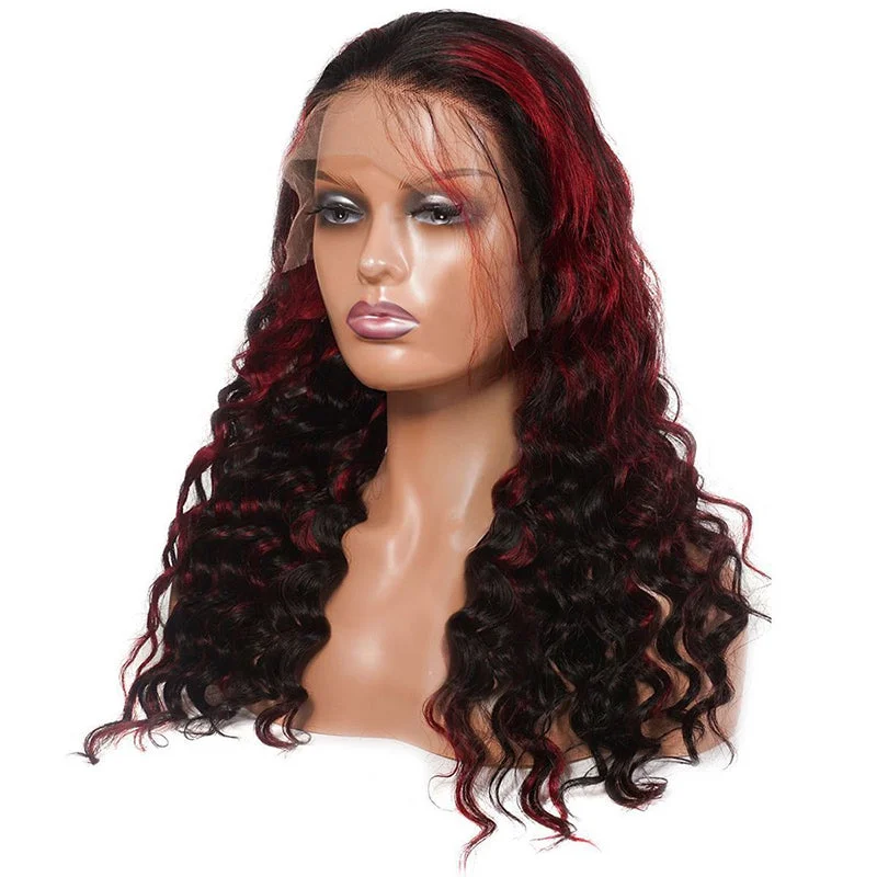 Colored wig with a wispy fringe for a soft and feminine lookTrendy Highlight Burgundy Loose Deep Wave Glueless HD Lace Frontal Wigs