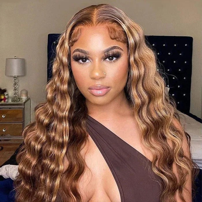 Colored wig with a red - orange hue for a warm and energetic lookTrendy Highlight P4/27 Loose Deep Wave Human Hair 13x4 Lace Front Wigs Pre Cut 6x5 Lace Glueless Wig