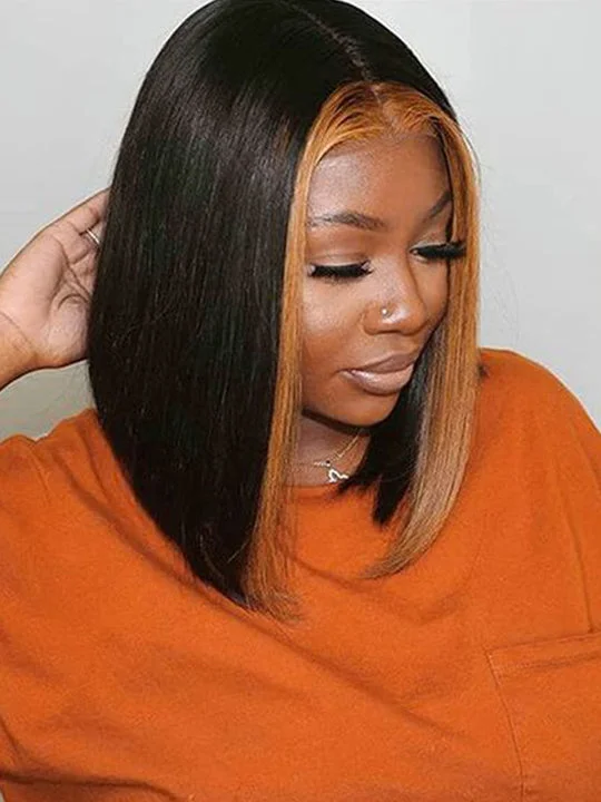 Colored wig with a side - part for a more flattering appearanceTwo Pieces Highlight Bob Wig 13x4 Transparent Lace Front Human Hair Wigs Straight Hair