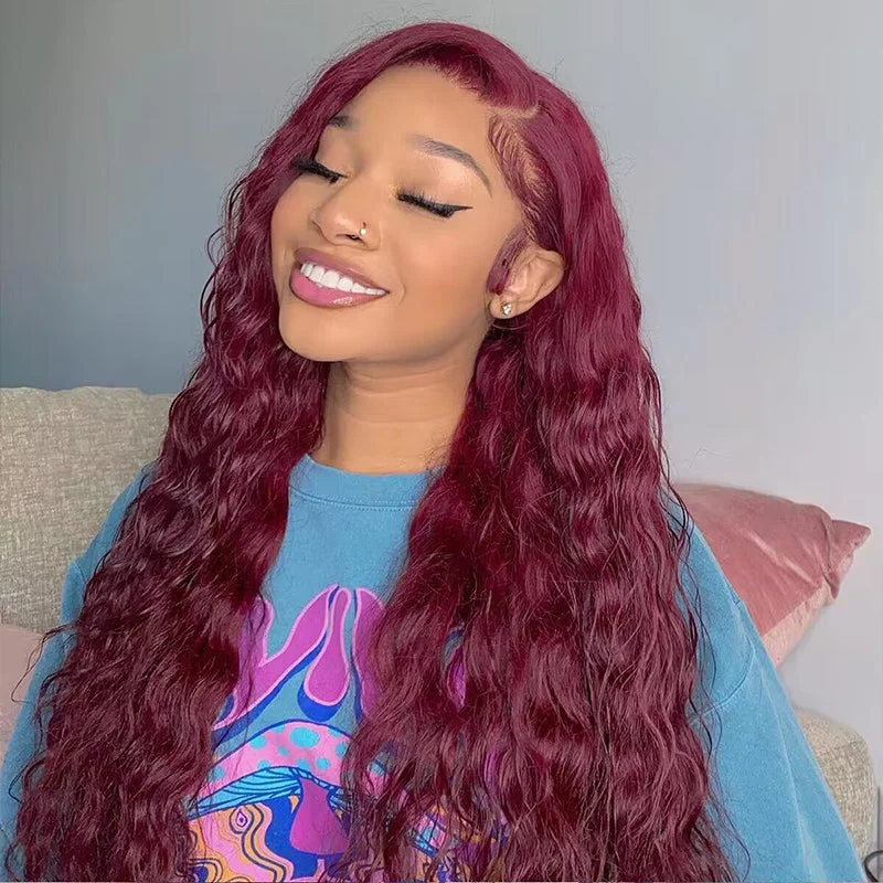 Colored wig with a silk - base cap for a comfortable and smooth feelWater Wave 99J Burgundy Color 6x5 13x4 HD Lace Front Glueless Wig