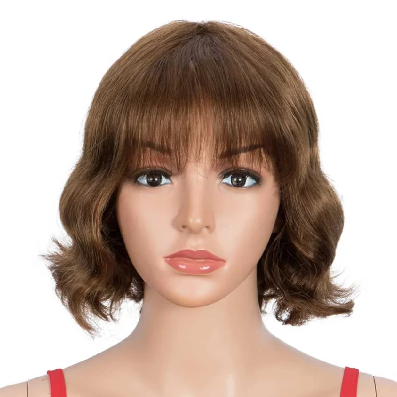 Colored wig with a red - orange hue for a warm and energetic lookRebecca Fashion Wavy Wig Bob 9 inch Human Hair Short Brown Wigs With Bangs