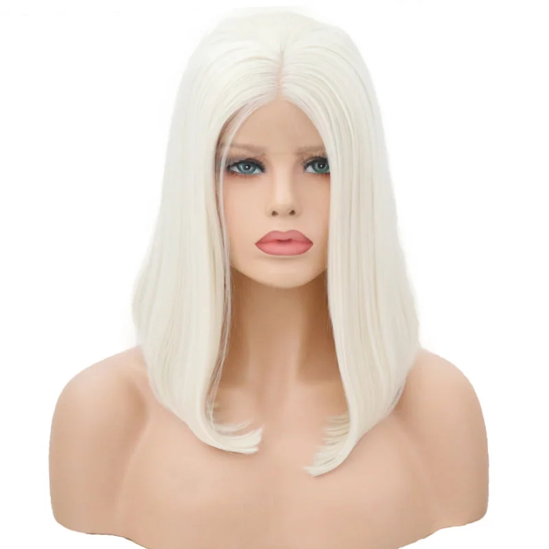 Colored wig with a wavy texture for a beachy and fun lookWhite Pearl Velvet Front Lace Bob Wig