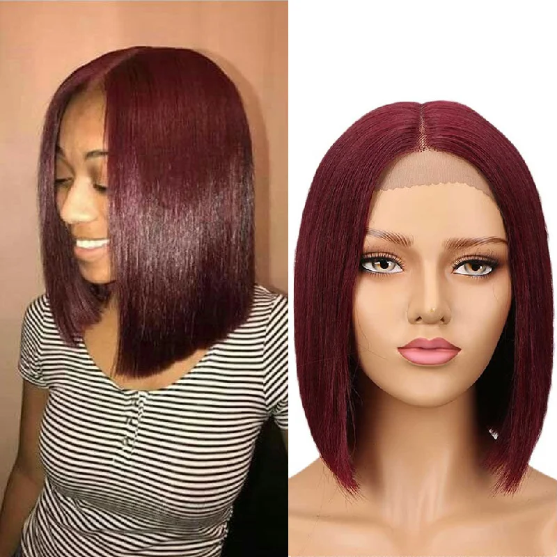 Colored wig with a straight texture for a sleek and minimalist lookRebecca Fashion Wine Red Short Bob Wig Lace Part 10 inch Human Hair Wigs