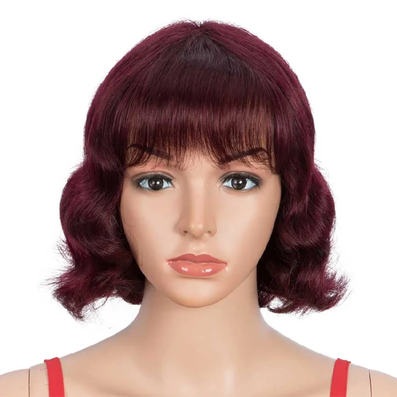 Colored wig with a pre - bleached knot for a natural - looking scalpRebecca Fashion Wine Red Short Wavy Wig Human Hair 9 inch 99J Wigs With Bangs