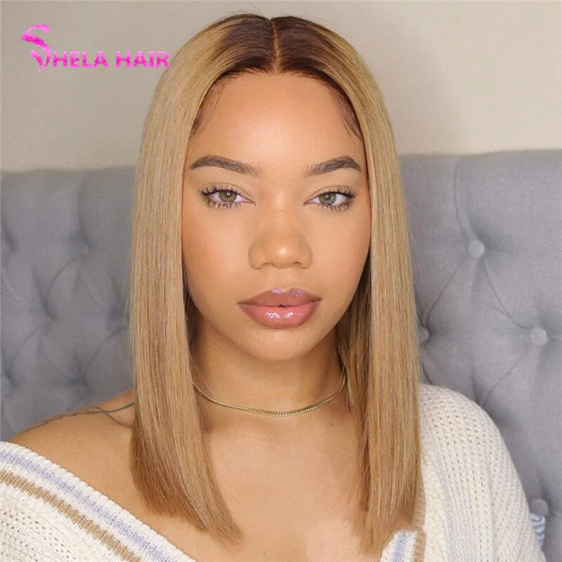 Bob wig with a monofilament cap for a breathable feel4/27 Honey Blonde Ombre Bob Wig Transparent Lace Wig