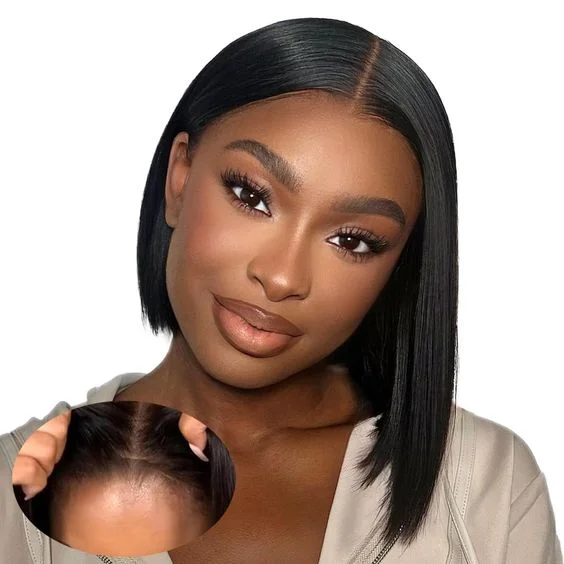 Petite bob wig suitable for women with small facesGlueless Wigs Black Wig Pre-Cut Lace 4x4 Closure/13x4 Lace Front Wig Straight Bob Wig Upgrade Transparent Lace