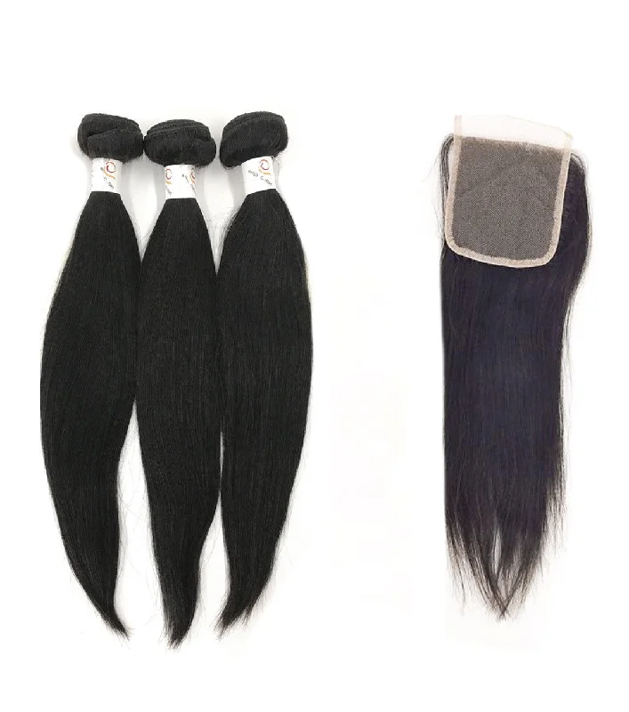 Braided wigs with a side - part for a flattering look5A Brazilian 3 Bundle Set Straight w/ 4"X4" Lace Closure