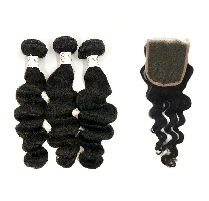 Bohemian - style braided wigs with added beads and accessories7A Thailand 3 Bundle Set Loose Wave w/ 4"X4" Virgin Lace Closure