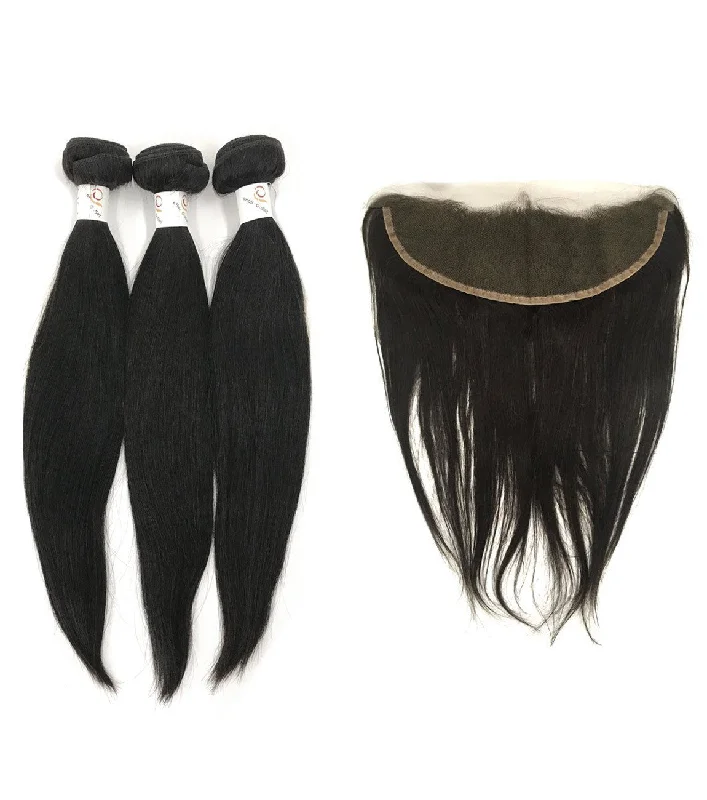 Heat - resistant braided wigs for styling flexibility7A Thailand 3 Bundle Set Straight w/ 13"X4" Lace Frontal