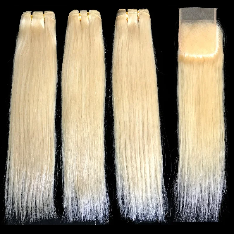 Braided wigs with a middle - part for a classic and elegant style9A Malaysian Platinum Blonde  3 Bundle Set Straight w/ 4"X4" Lace Closure