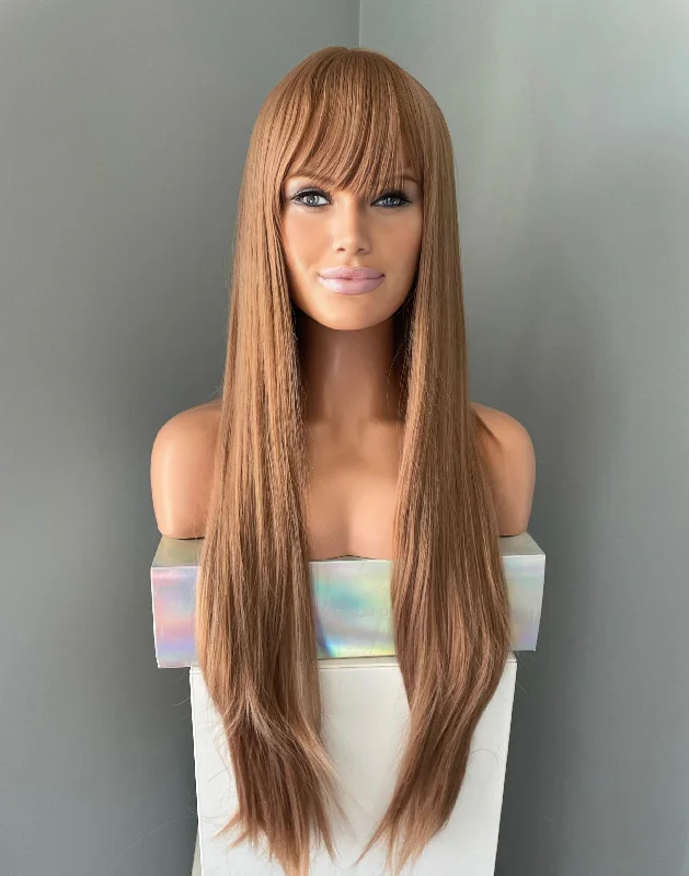 Synthetic bob wig with a natural - looking texture"Addison" - Long Brown Silky Straight Wig with Bangs