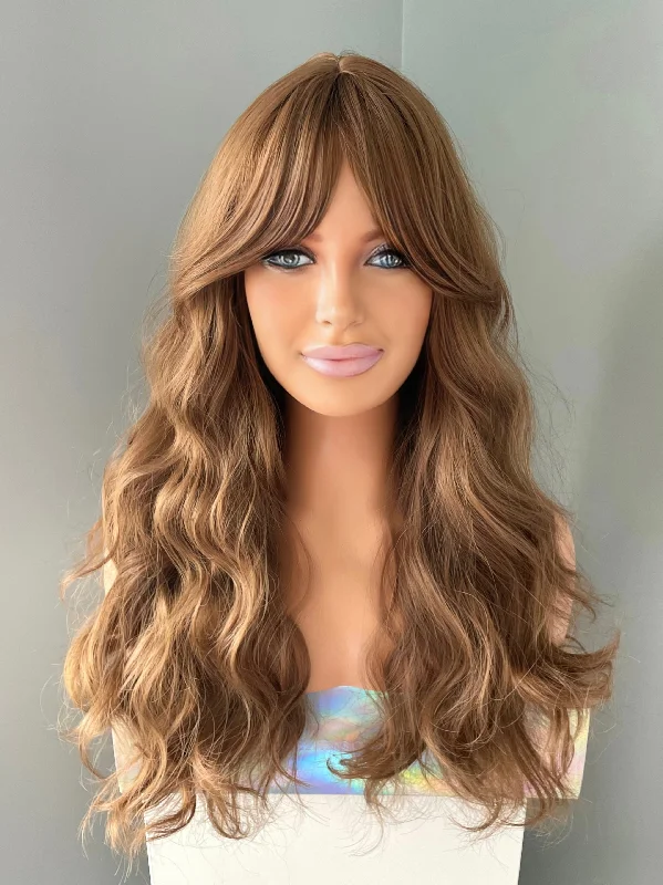 Bob wig with a monofilament cap for a breathable feel"Andrea" - Long Brown Curly Wig with Fringe