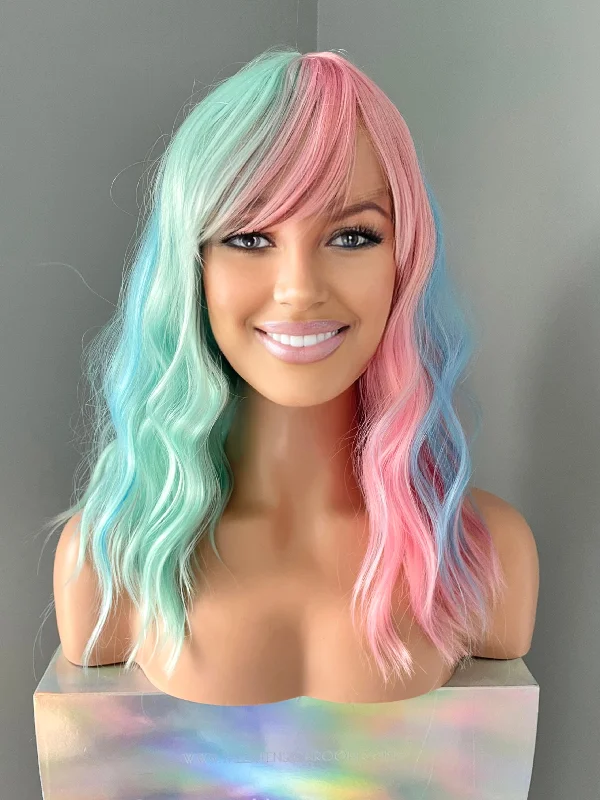 Bob wig in a jet - black color for a classic appearance"Angel" - Pastel Rainbow Wig with Bangs