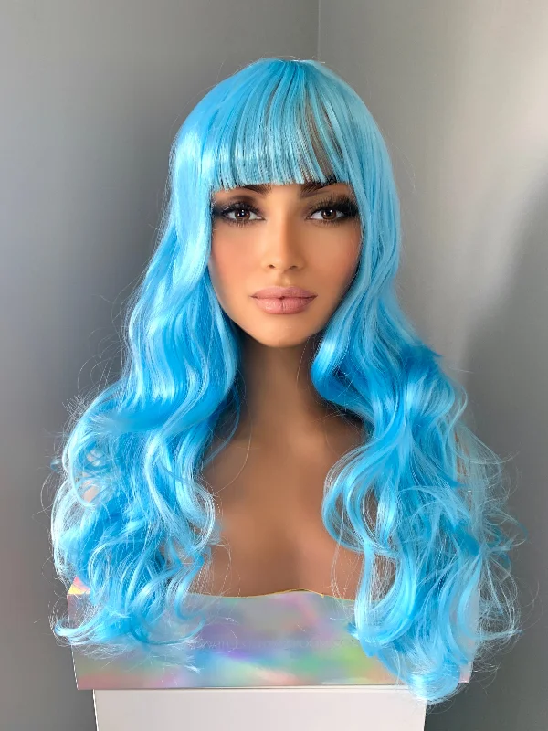 Bob wig with a pixie - inspired cut for a bold and stylish choice"Aqua" - Blue Body Wave Wig with Bangs